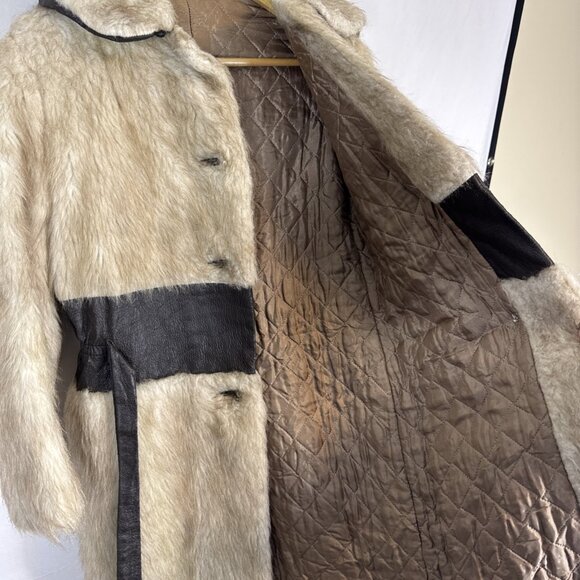 Vintage 70s Faux Fur Faux Leather Belted Hooded Coat Quilted Lining Women’s XS/S - Picture 7 of 9